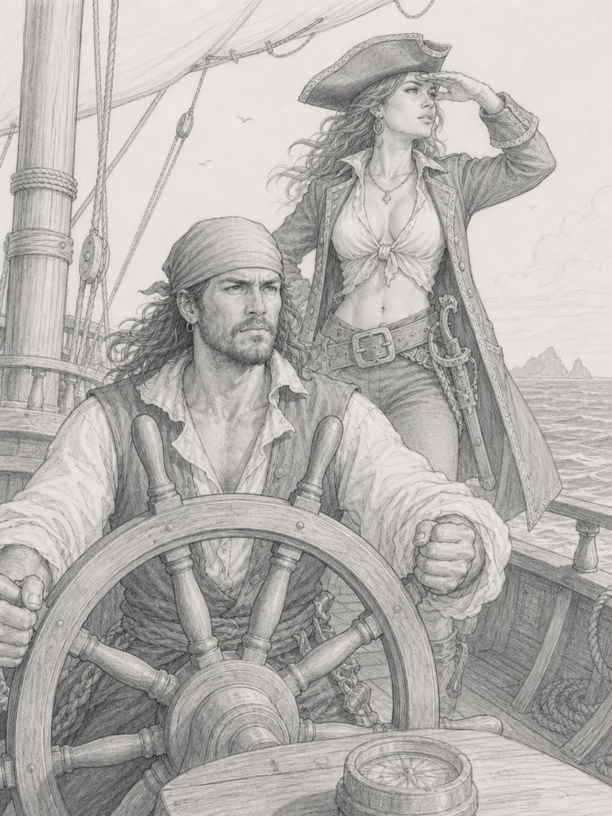 Intricate pencil sketch of a male pirate steering a tall ship wheel, female pirate captain scanning the horizon from the s...