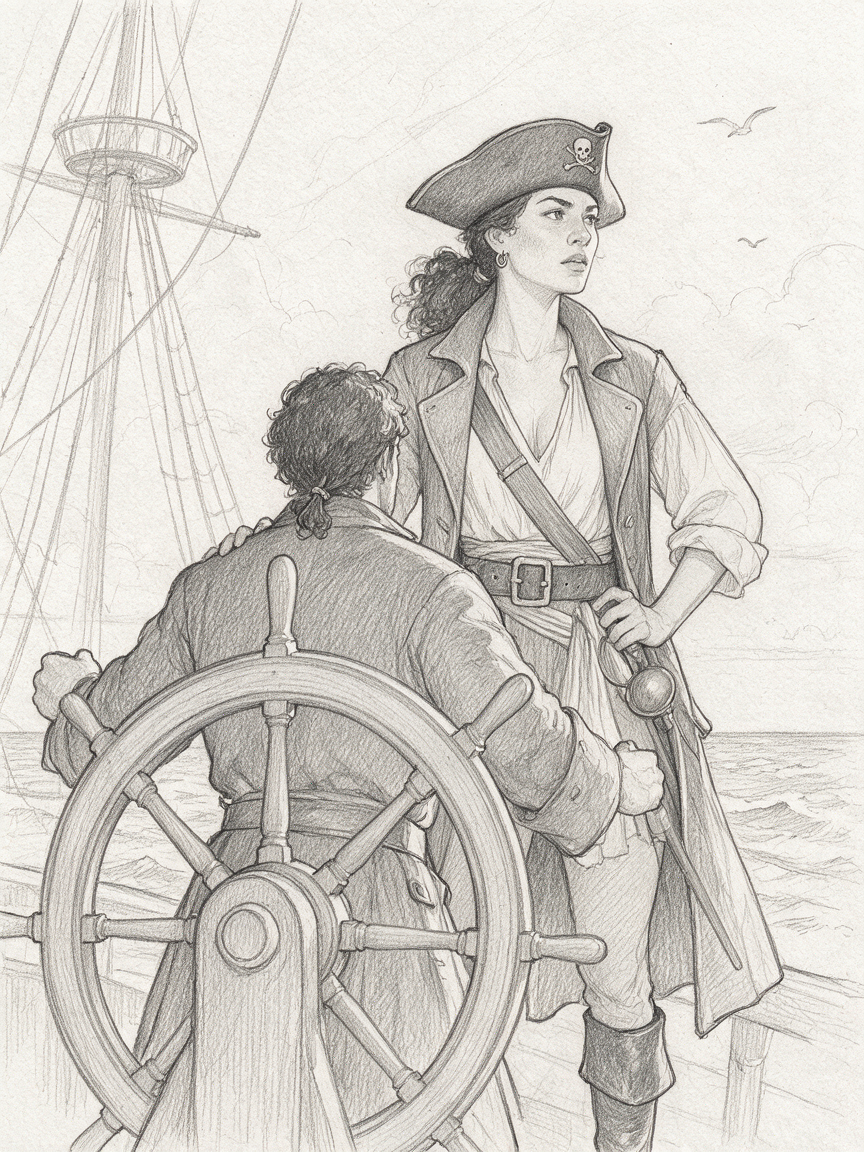 Pencil sketch of female pirate captain standing beside a helmsman at a sailing ship's wheel on open ocean.