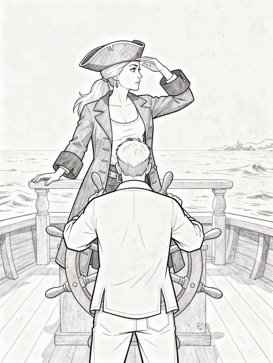 [Black and white line art of a female pirate captain scanning the horizon while a helmsman steers a sailing ship wheel on ...