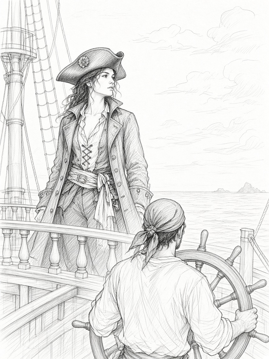 Pencil line art of female pirate captain on sailing ship deck, with helmsman steering the ship wheel, open ocean in the ba...