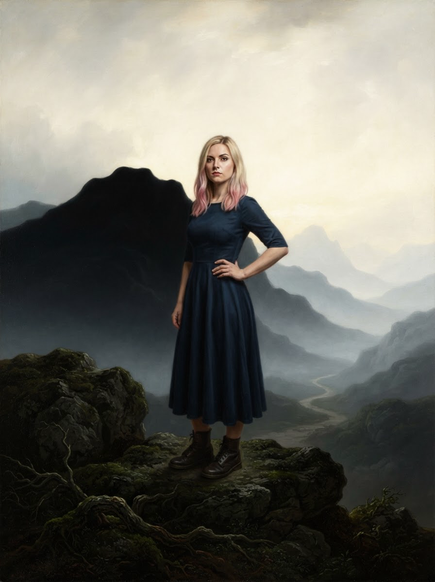 Portrait of a blonde woman with pink-tipped hair standing on a misty mountain overlook, classical romantic oil painting st...