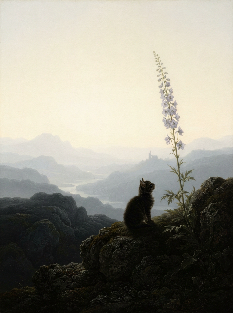 Tabby kitten sits on a rocky cliff edge beside a tall delphinium, overlooking misty mountain valleys in a romantic dawn la...