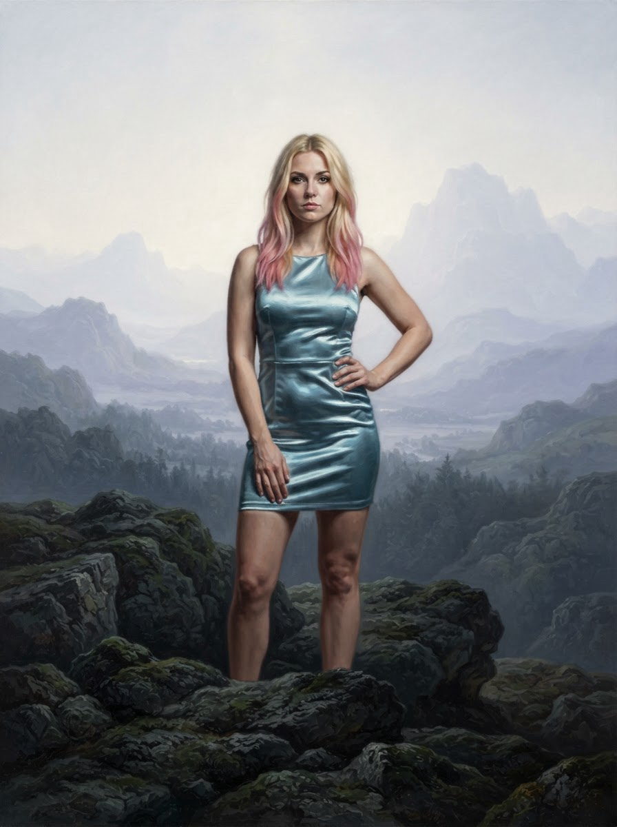 [Confident woman with pink-tipped blonde hair in a shiny teal mini dress stands on mossy rocks overlooking a misty mountai...