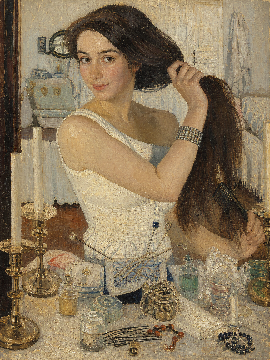 [Impressionist oil portrait of a young woman styling her long dark hair at a cluttered vintage vanity, smiling softly at t...