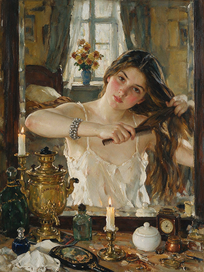 [Impressionist oil portrait of a young woman brushing her long hair at a cluttered vintage vanity, reflected in a wall mir...