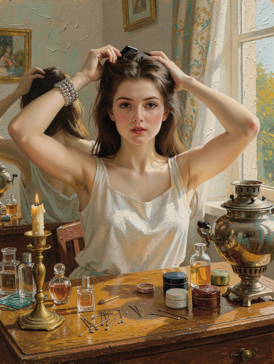 [Impressionist impasto oil painting of a young woman styling her hair at a sunlit vintage vanity, with her mirror reflecti...