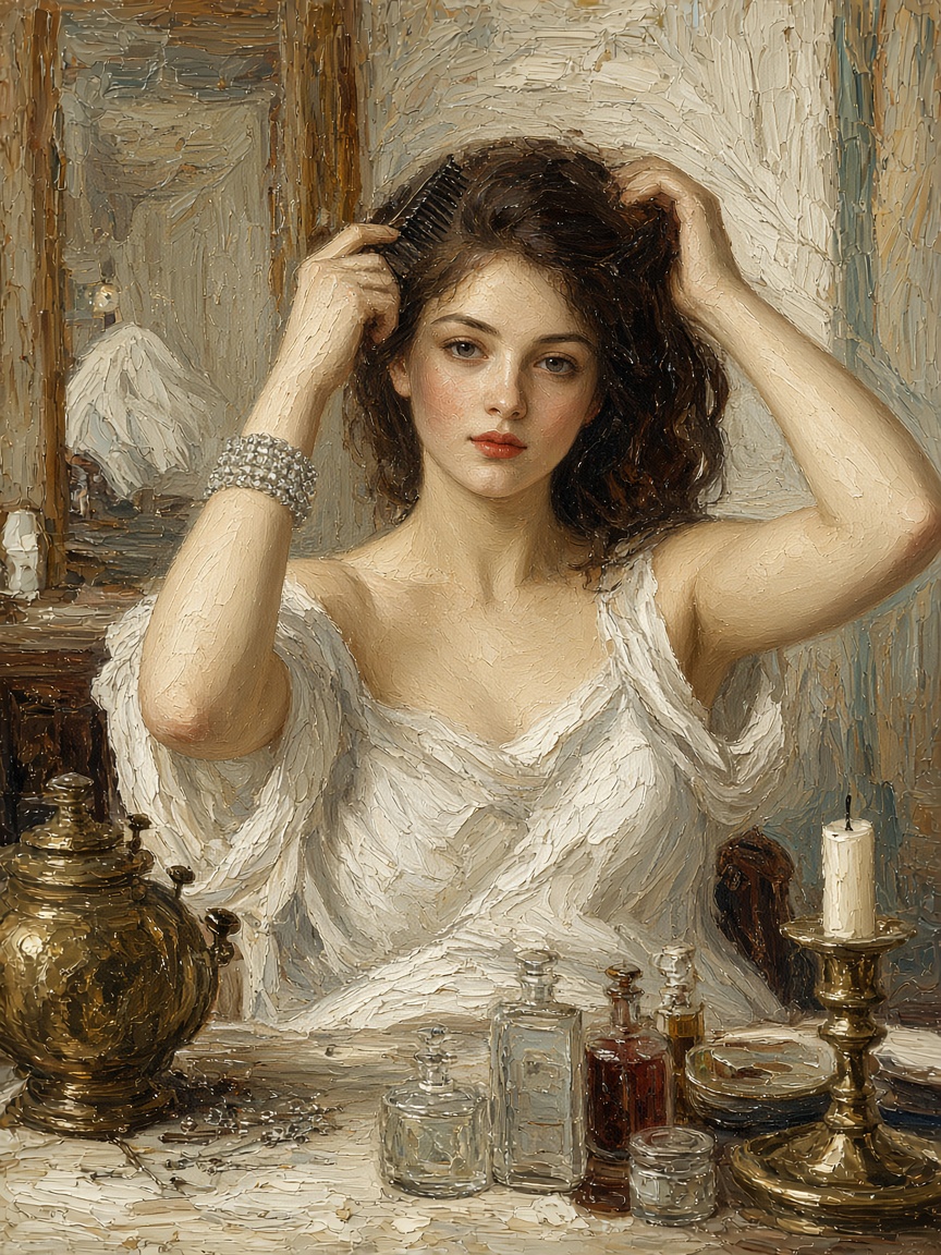 Impressionist impasto oil portrait of a young woman combing her hair at an antique vanity table