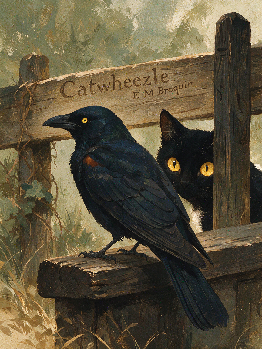 Vintage oil painting of a black crow perched on a wooden fence, with a yellow-eyed black cat peeking from behind posts.