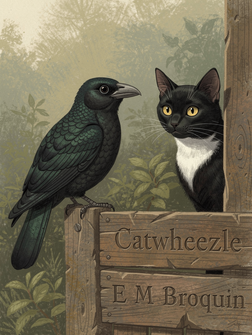 Illustrated tuxedo cat and iridescent crow face each other beside a carved wooden fence in a hazy forest scene.