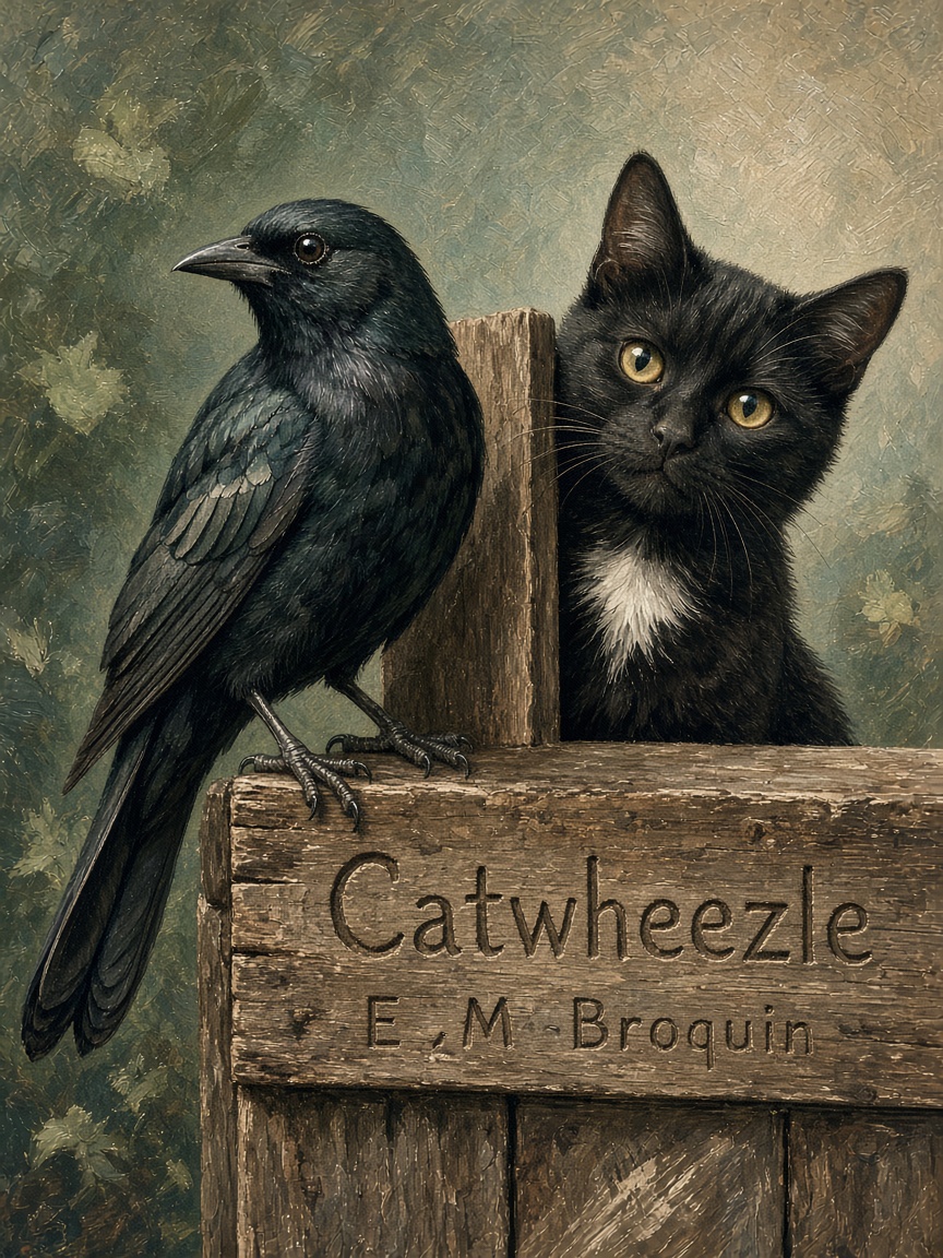 Vintage oil painting of a black crow and wide-eyed black kitten perched on a carved wooden "Catwheezle" sign against a mut...