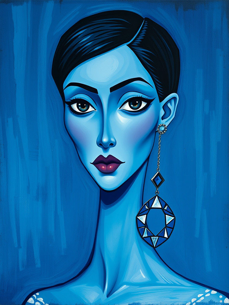 Stylized painted portrait of an elegant blue-toned woman with a large geometric dangling earring against a textured blue b...