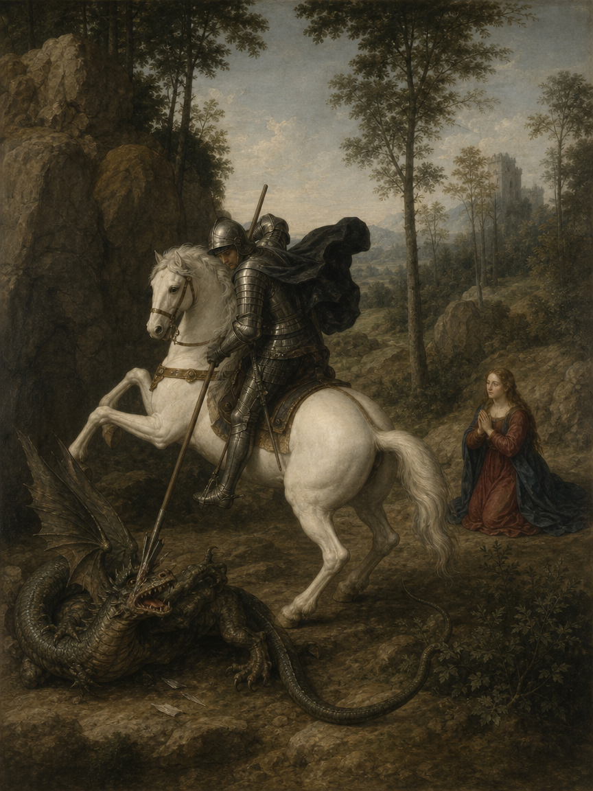 Classical painting of armored Saint George on a rearing white horse slaying a winged dragon, as a kneeling praying woman w...