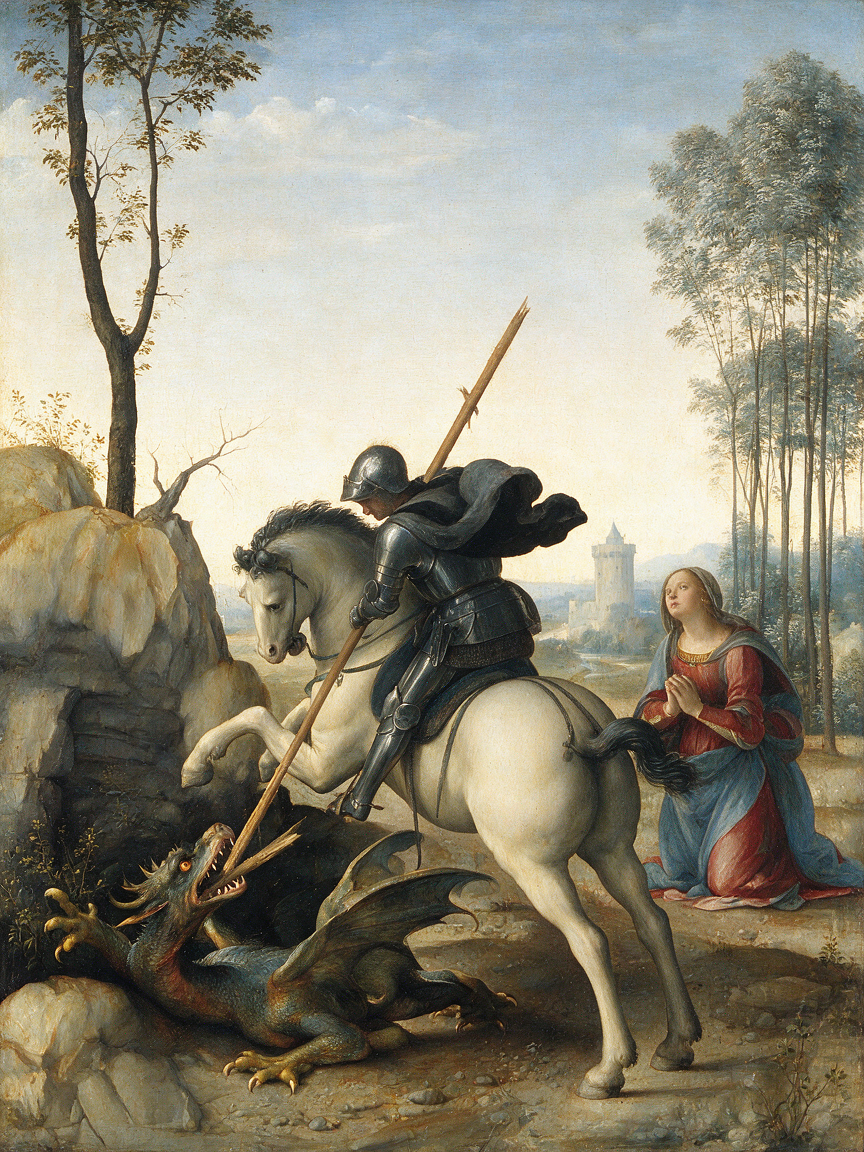 Renaissance painting of Saint George on horseback slaying a dragon, as a kneeling praying maiden watches in a pastoral lan...
