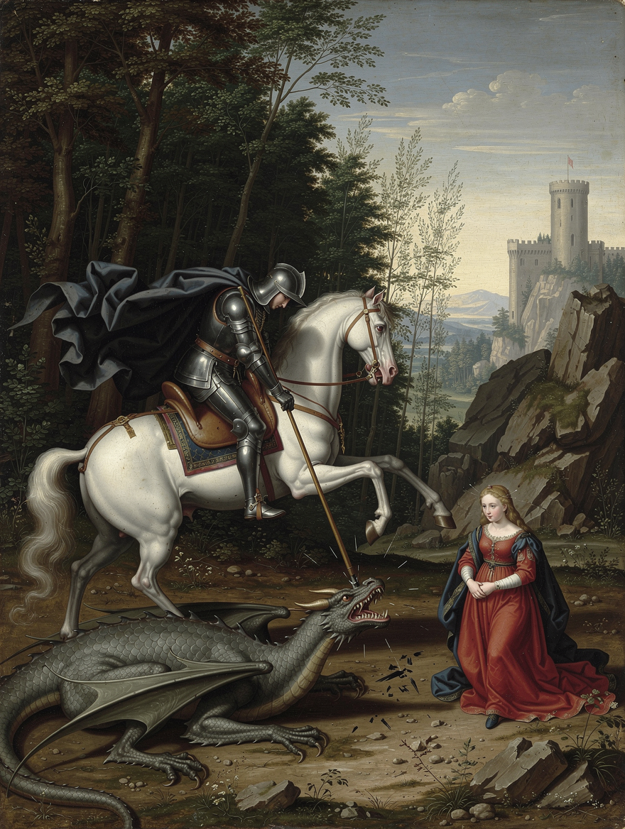 Renaissance oil painting of Saint George slaying a dragon on horseback, with a watching princess and cliffside castle back...