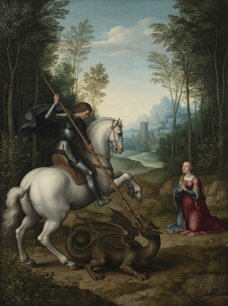 Renaissance painting of Saint George on a rearing white horse slaying a winged dragon as a praying maiden observes nearby.