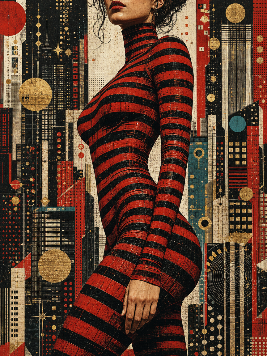 [Stylized portrait of a woman in a red and black striped catsuit set against a geometric art deco city skyline collage bac...