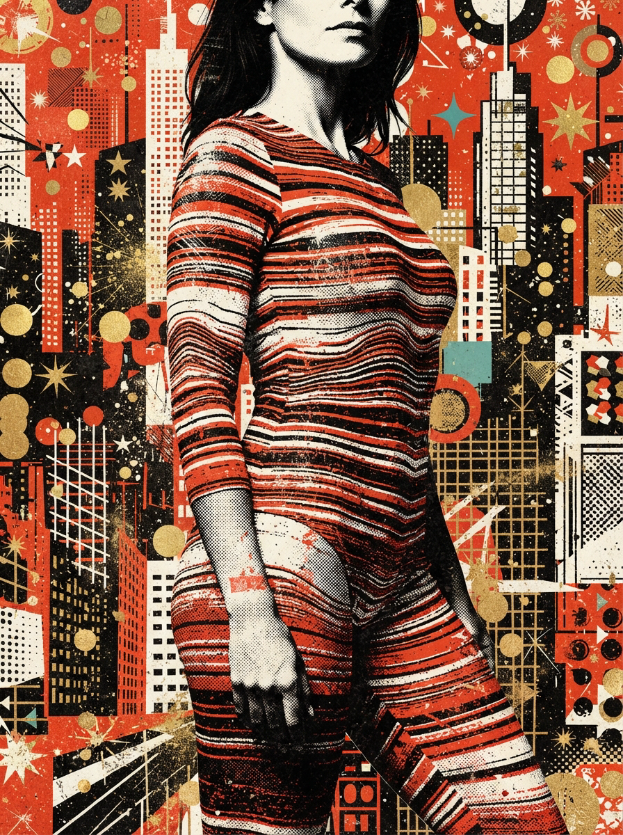 Graphic pop art collage of a woman in a striped dress against a retro red city skyline with gold starburst accents