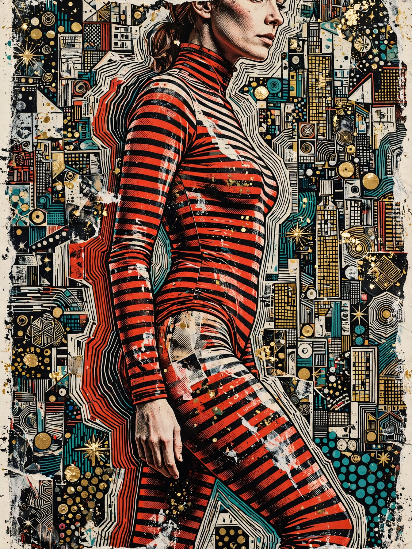 Surreal collage portrait of a woman in red striped bodysuit, framed by geometric cityscape patterns with gold accent details.