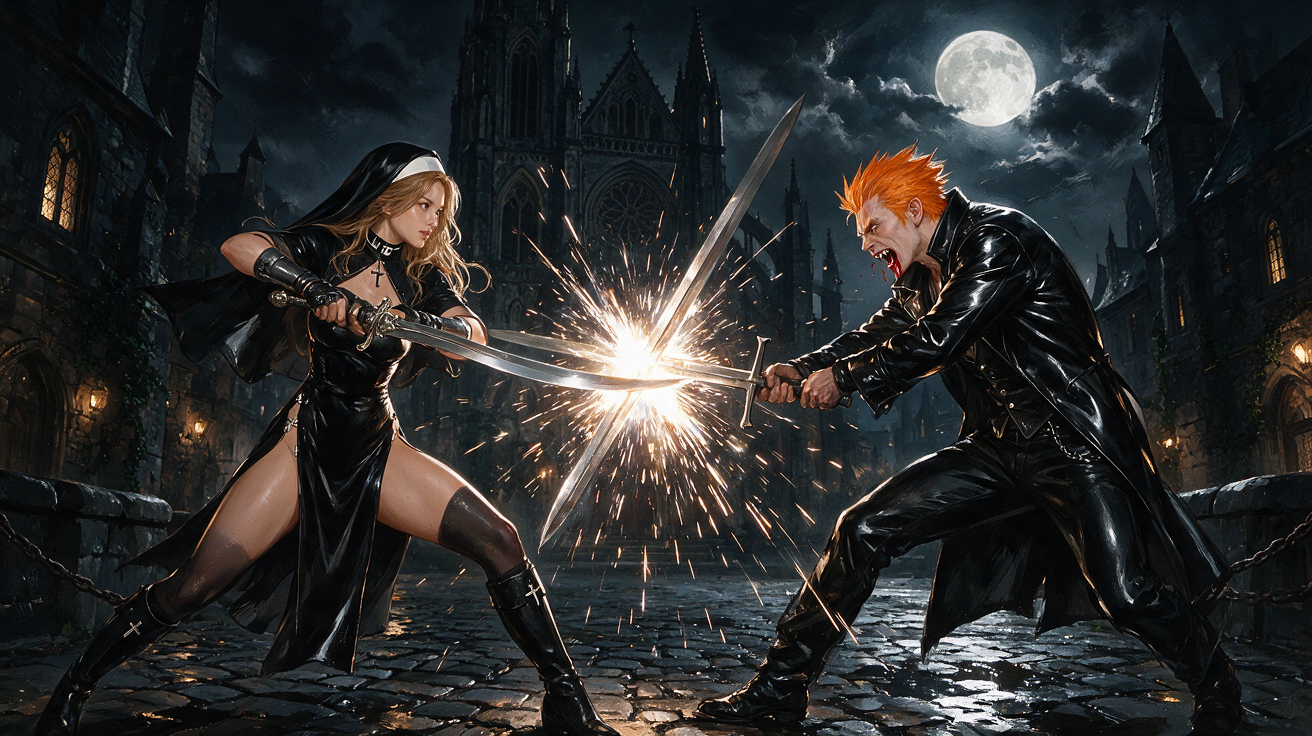 Warrior nun clashes swords with a snarling orange-haired vampire, sparks flying, on a moonlit gothic cobblestone street.