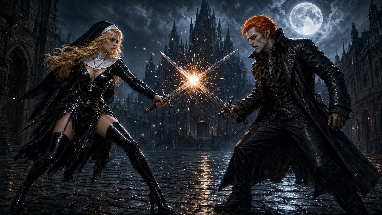 Warrior nun and red-haired vampire clash swords, sparks flying, in a gothic castle courtyard under a full moon night sky