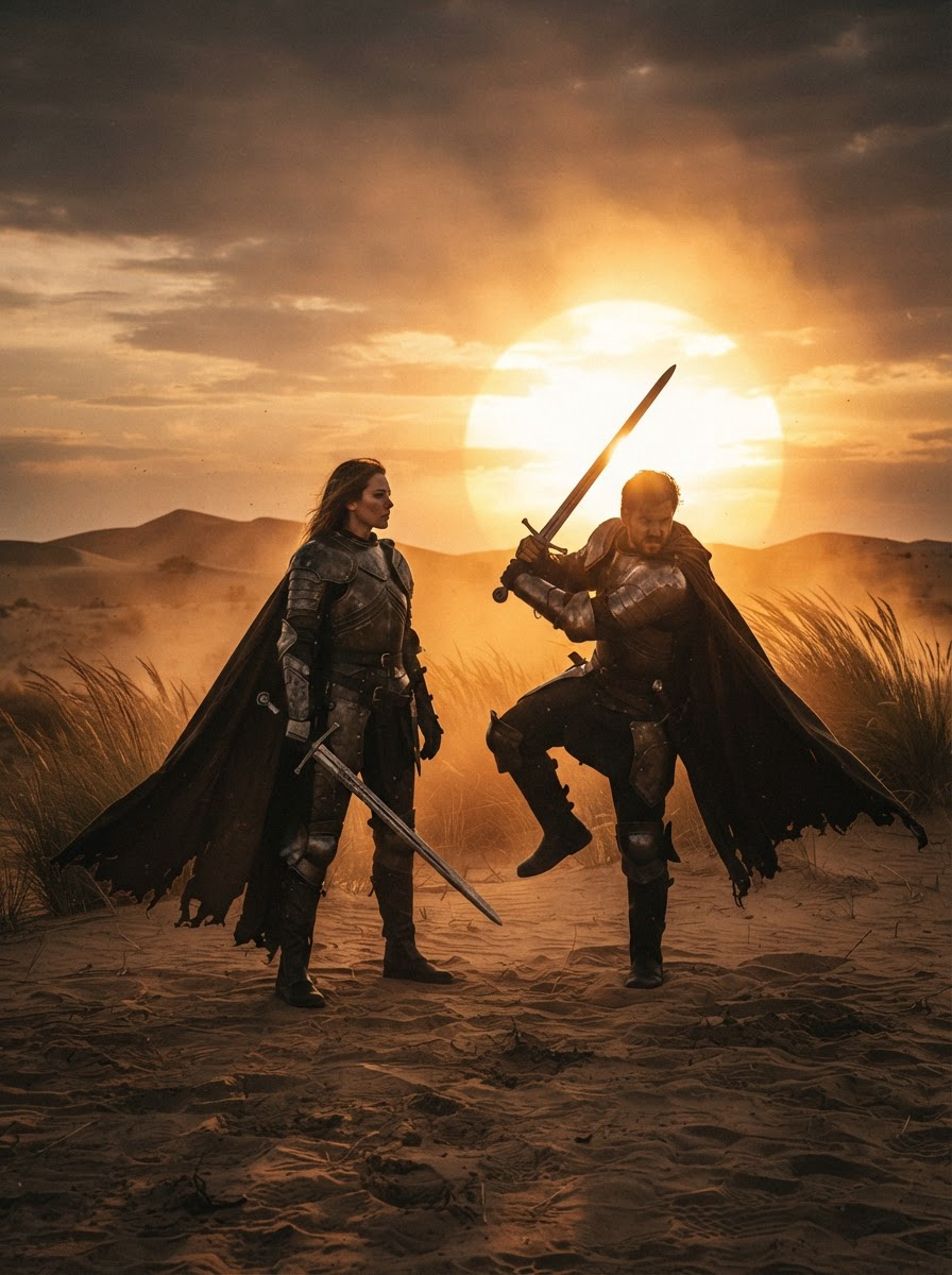 [Two armored fantasy knights with swords stand in a windswept desert, backlit by a bright golden sunset, one in battle sta...