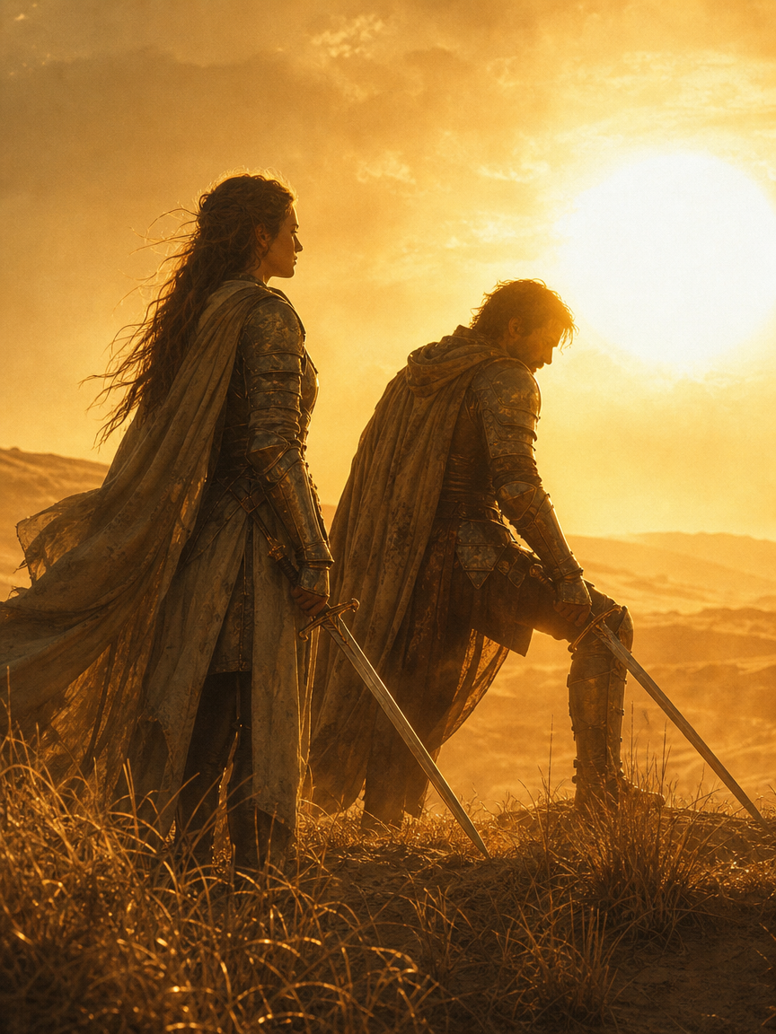 Pair of armored medieval warriors with swords overlook plains from a grassy hill at golden sunset.