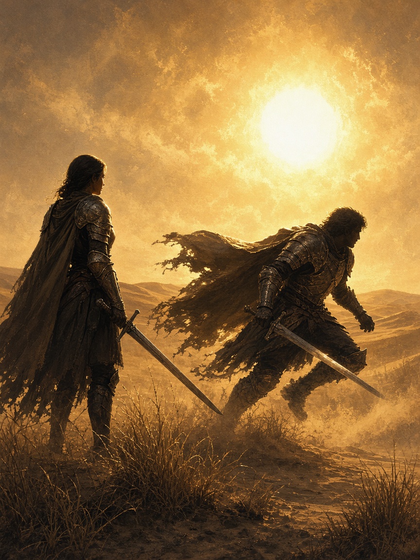 Two armored fantasy knights with longswords, one standing guard as the other charges across a sunlit golden arid plain.
