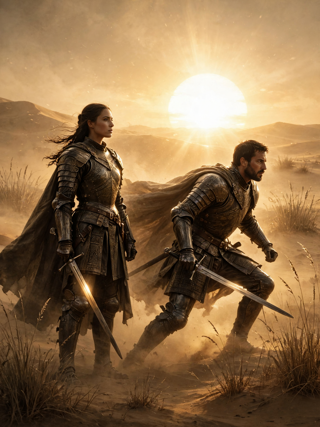 Two armored fantasy knights wielding longswords stand ready in a windswept sunlit desert at golden sunset.