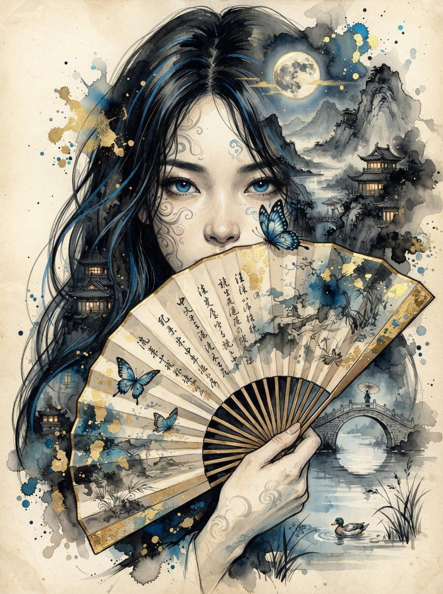 Ethereal ink portrait of a woman holding a decorated hand fan, with traditional East Asian landscape and blue butterfly de...