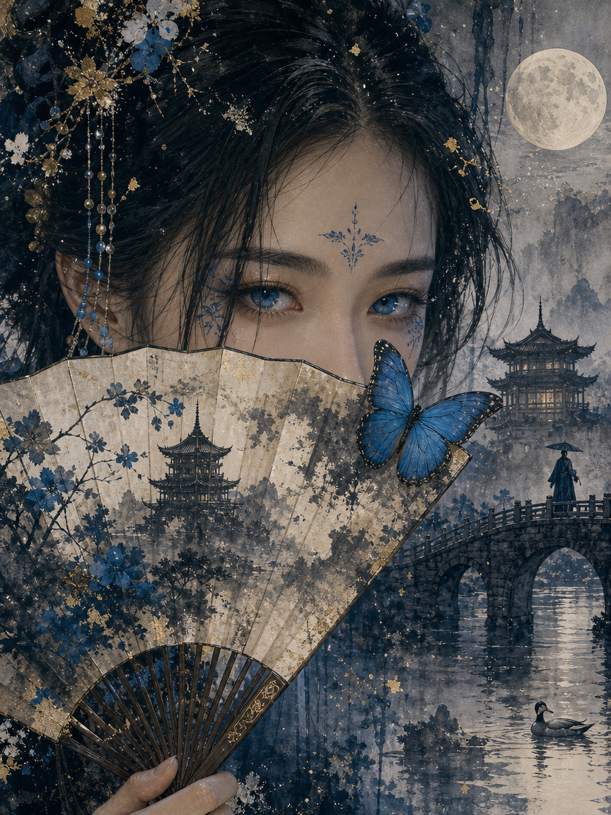 Close-up portrait of East Asian woman holding a decorative hand fan, blue butterfly, and moonlit traditional landscape bac...