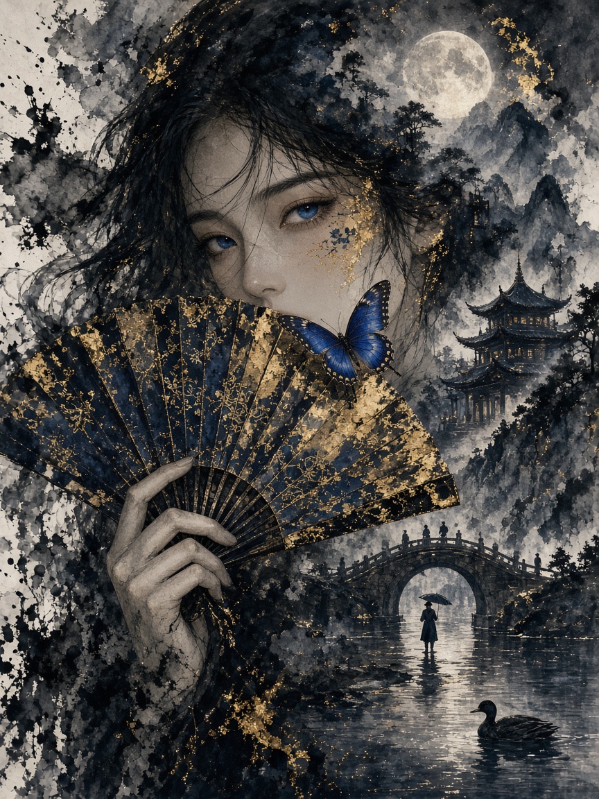 [Surreal ink wash portrait of a woman holding an ornate gold hand fan, blue butterfly resting on the fan, layered moonlit ...