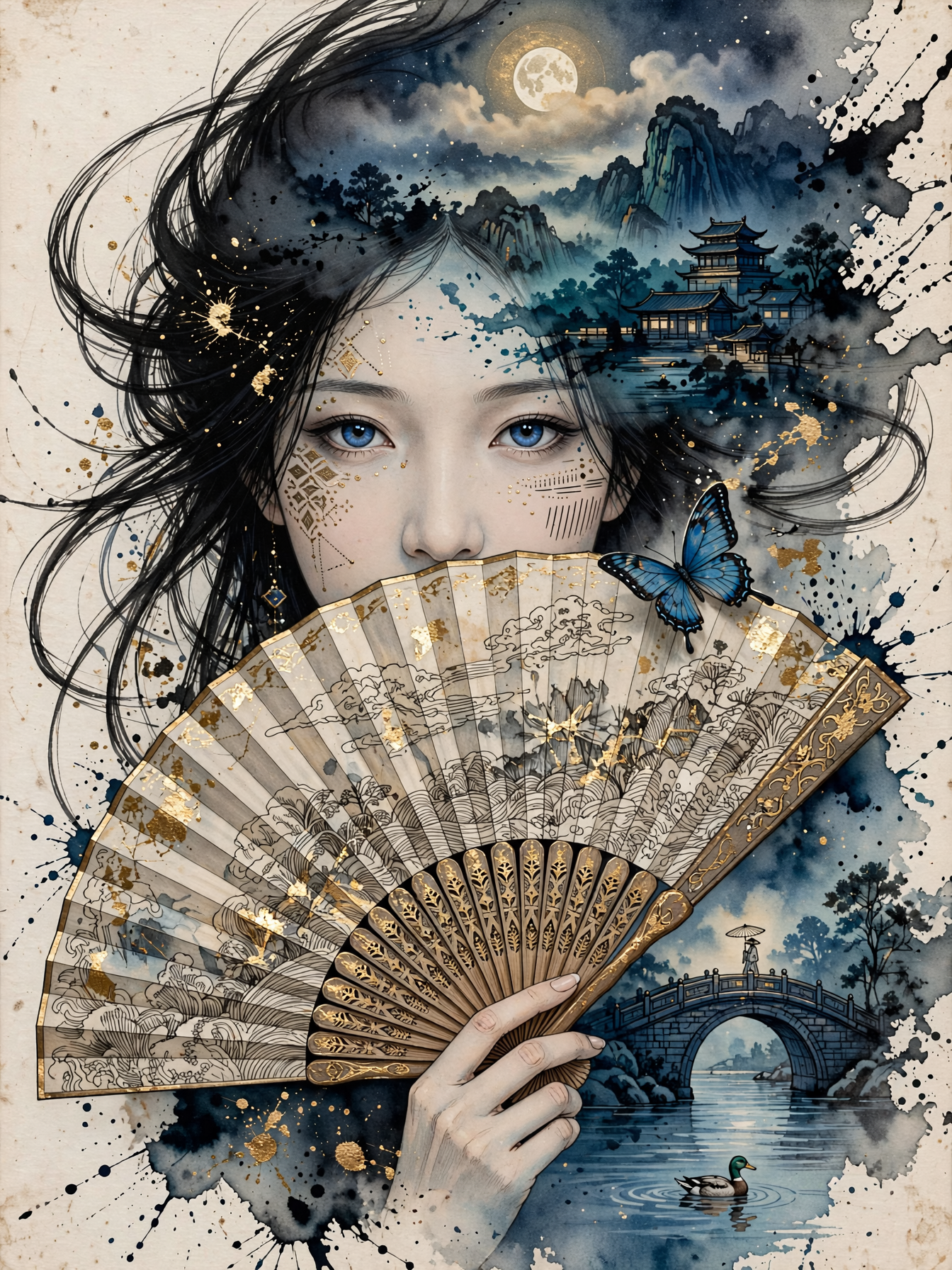 [Surreal double exposure portrait of woman holding gilded hand fan, layered with East Asian night landscape, blue butterfl...