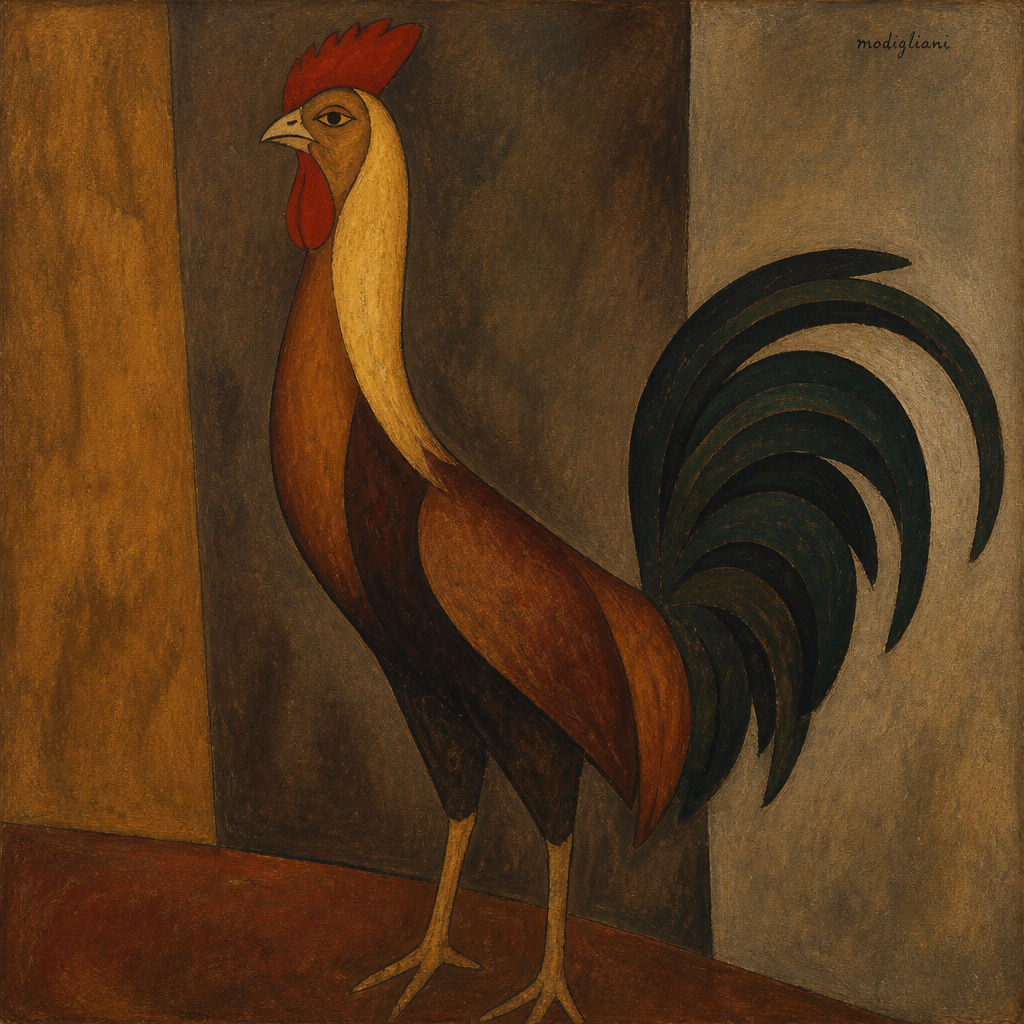 [Stylized geometric folk art portrait of a regal standing rooster with a red comb, warm plumage, and sweeping dark green t...