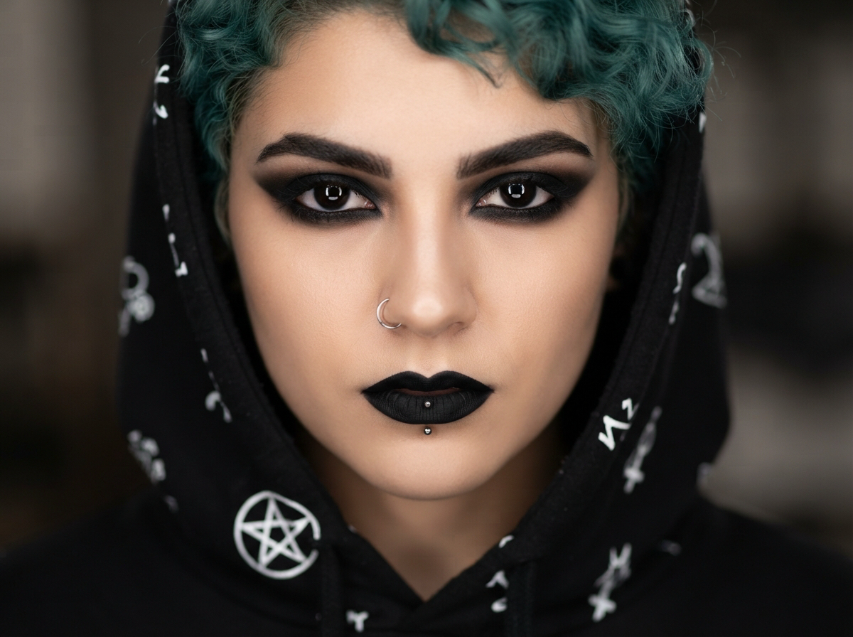 Close-up portrait of a goth woman with teal curly hair, dark makeup, facial piercings, and occult print hoodie.
