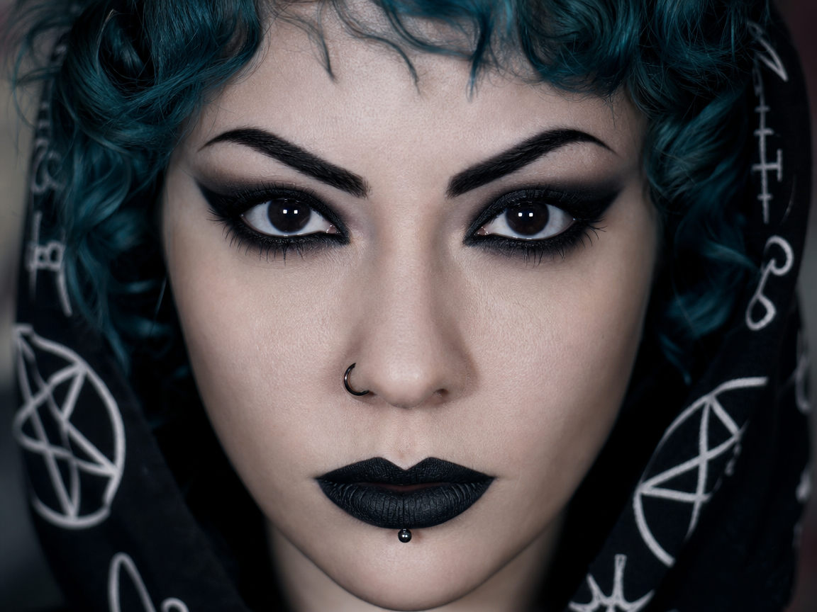[Close-up portrait of a goth woman with teal curly hair, dark goth makeup, piercings, and occult print hood staring direct...