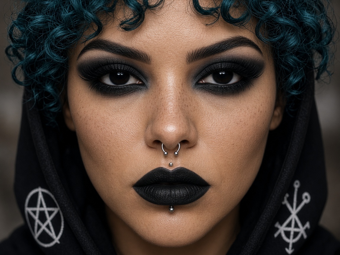Close-up portrait of a goth woman with teal curly hair, dark makeup, facial piercings, and occult symbol hoodie.