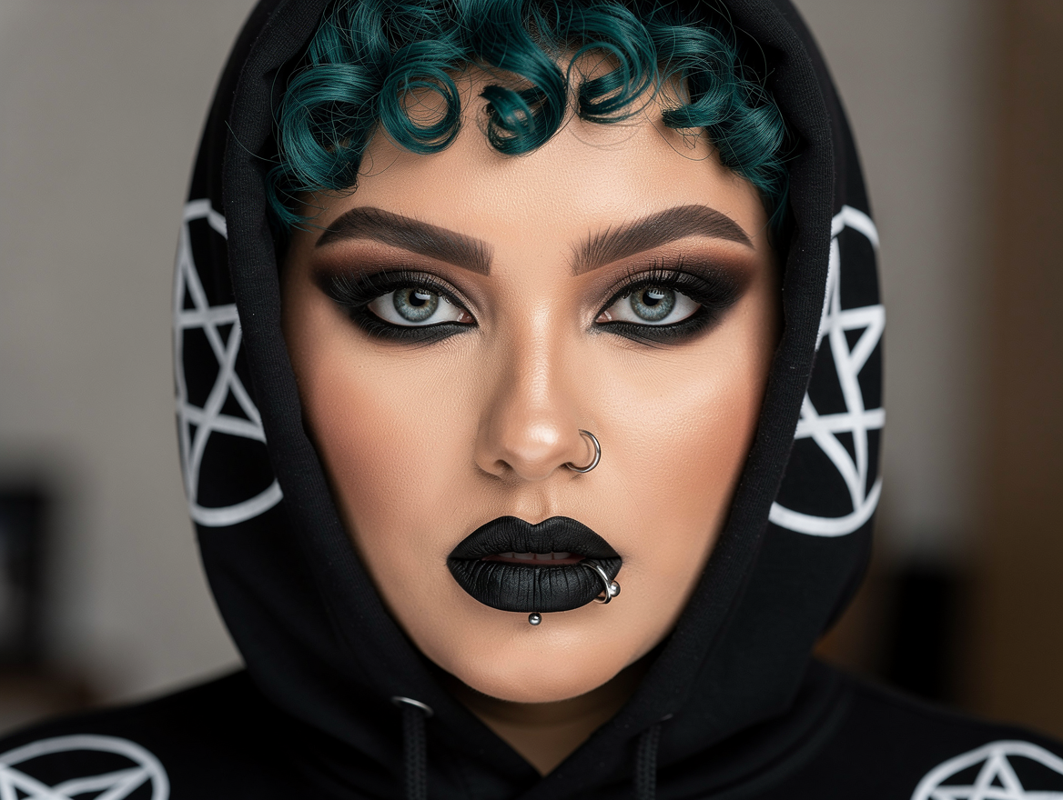 [Close-up portrait of a goth woman with teal curly hair, dramatic makeup, facial piercings, and a pentagram print black ho...