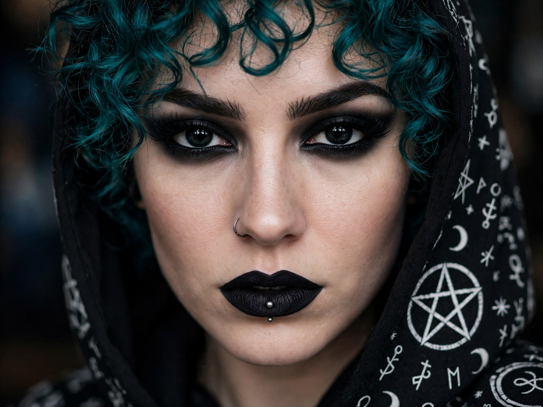 Close-up portrait of a goth woman with curly teal hair, occult print hood, dark dramatic makeup, and facial piercings look...