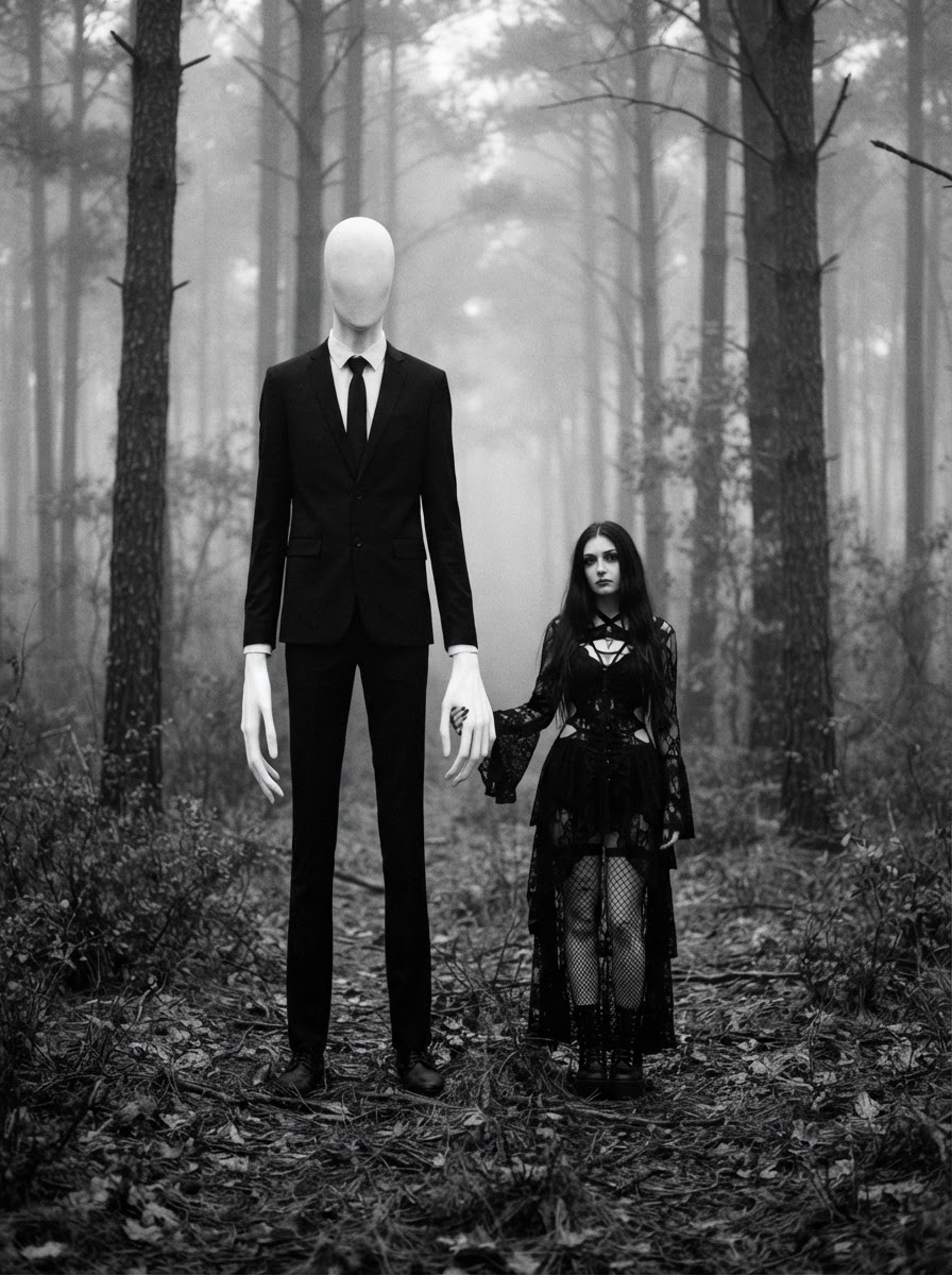 Faceless Slender Man holding hands with a gothic woman standing in a foggy monochrome forest