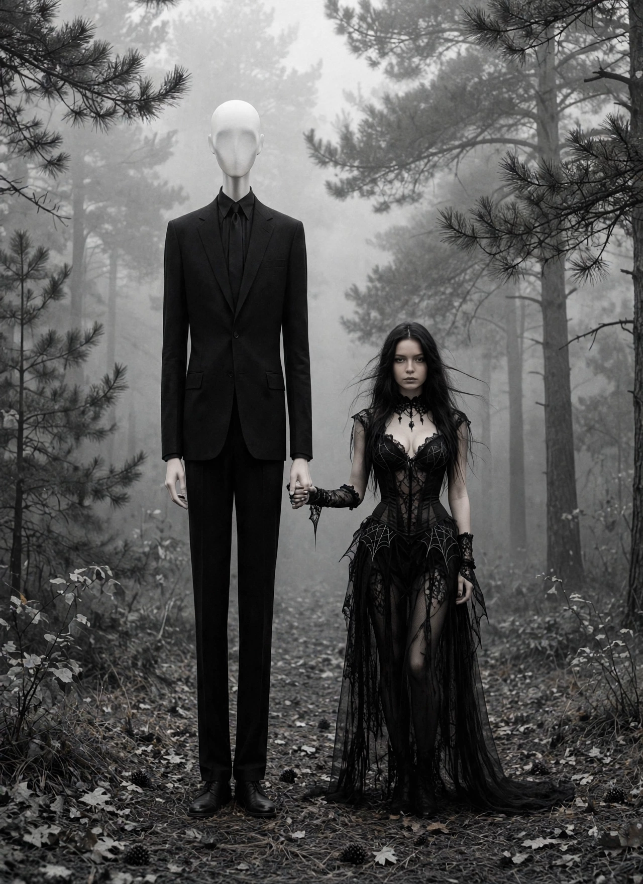 Tall faceless slender man in a black suit holds hands with a gothic woman standing in a misty foggy pine forest