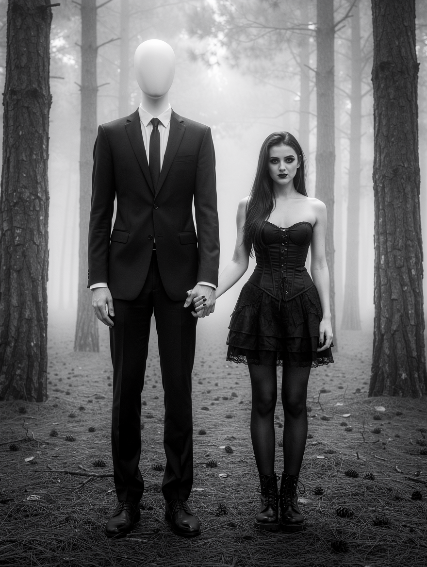 Black and white surreal shot of a faceless suited figure holding hands with a goth woman in a foggy pine forest.