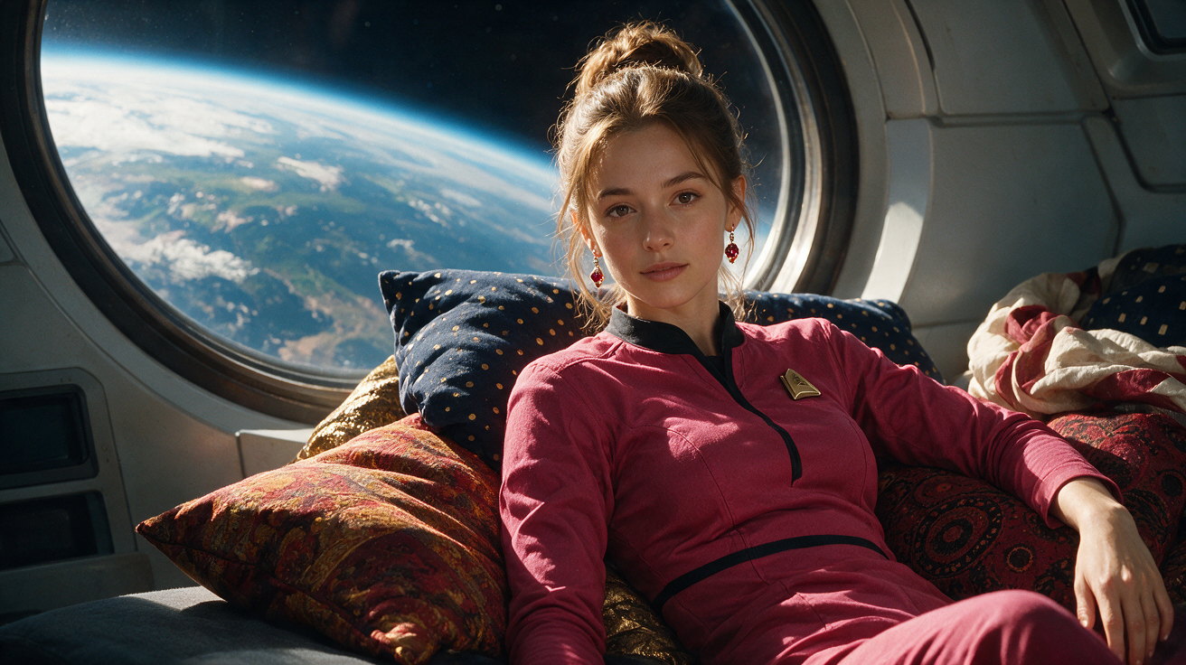 Young female starship officer in a magenta uniform relaxes on cushions inside a spacecraft, Earth visible through a round ...