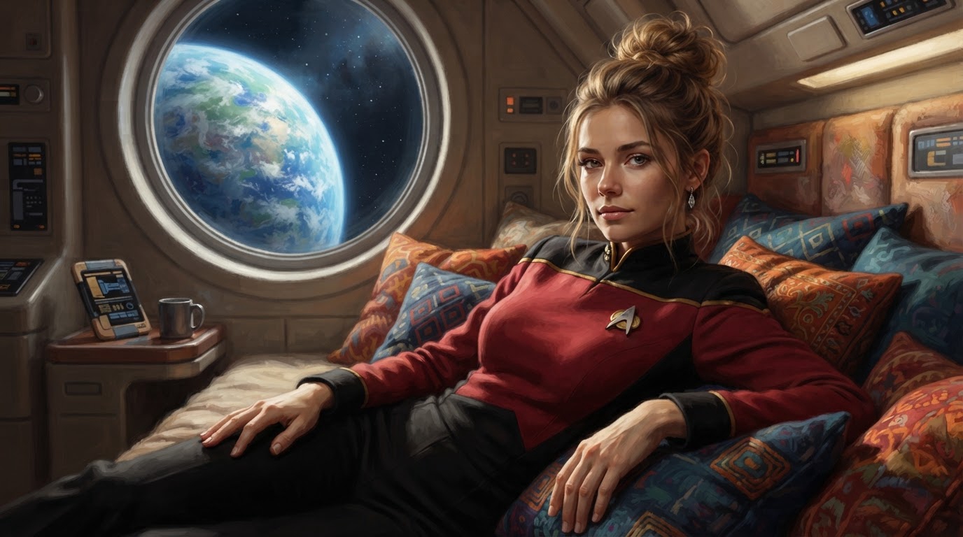 Female Starfleet officer relaxing on a starship bunk, with a view of Earth through a round porthole in deep space.