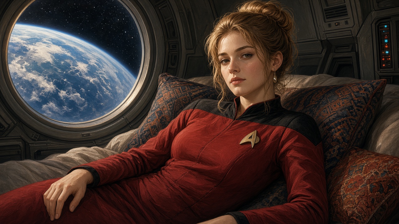 Young female Starfleet officer reclines in starship quarters, Earth visible through a round porthole window.