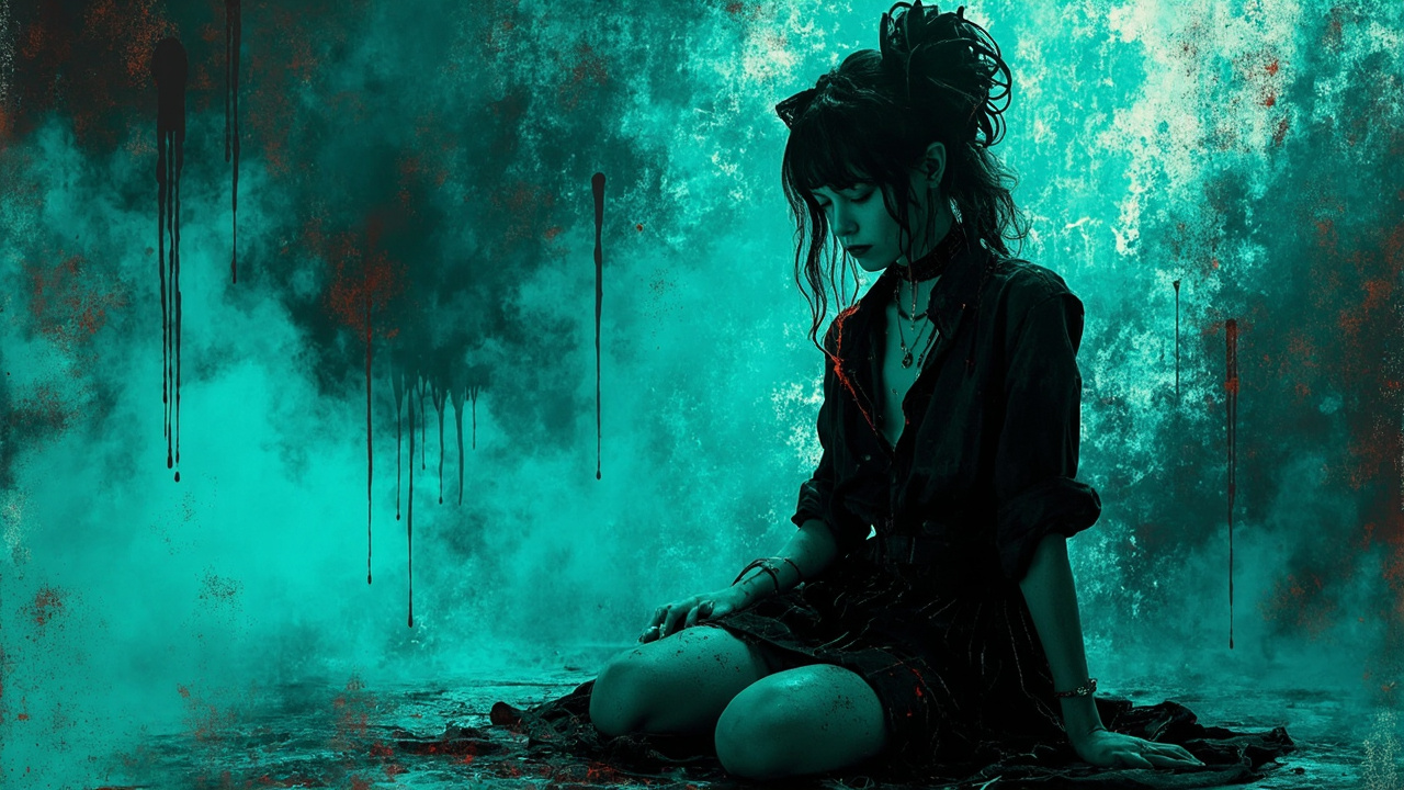 Somber gothic young woman sits bowed, against a moody teal grungy background with trailing dark red paint drips.