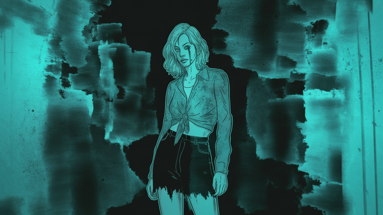 Monochrome teal comic illustration of a solemn tearful woman standing against a textured abstract ink wash background