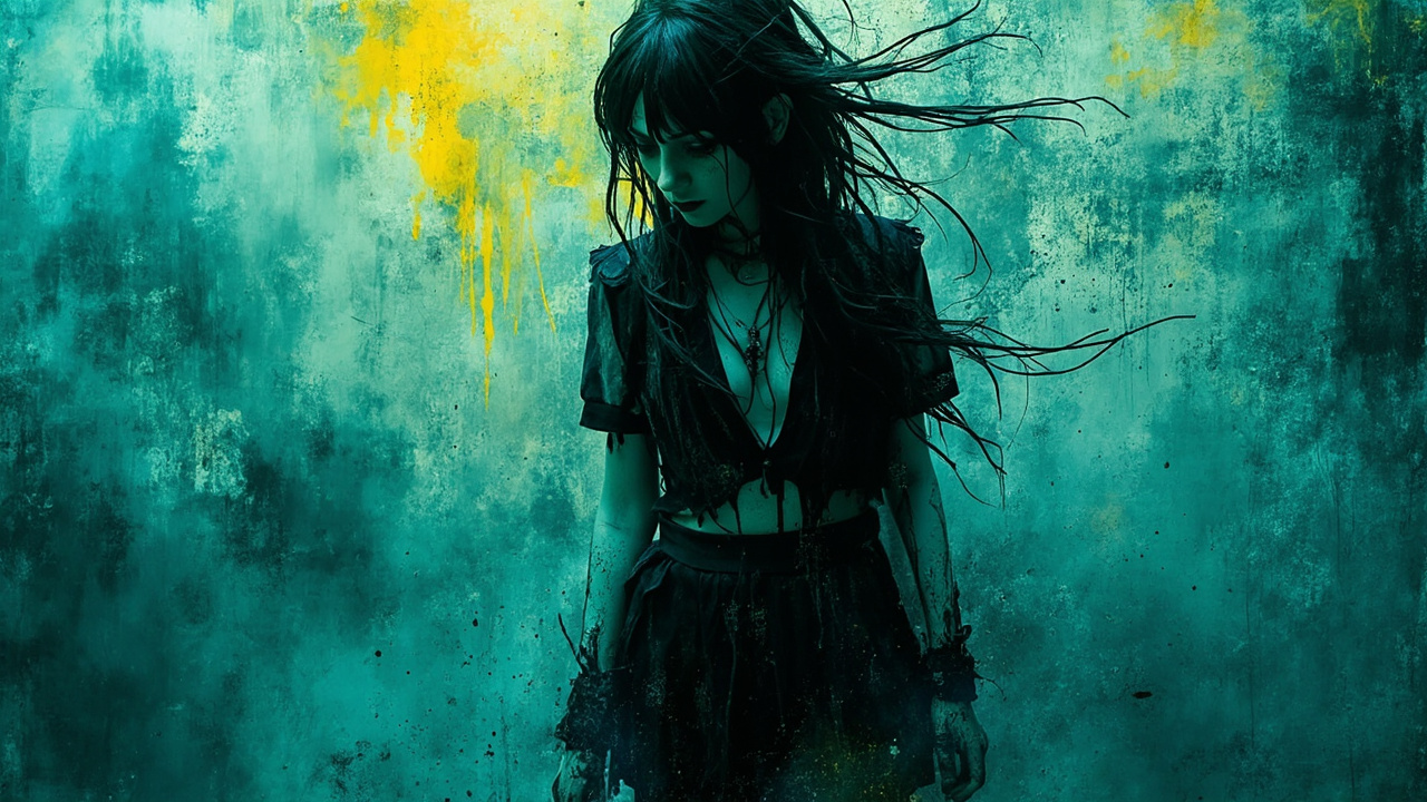Dark fantasy gothic woman with windswept hair stands against a grungy teal wall with yellow paint splatters