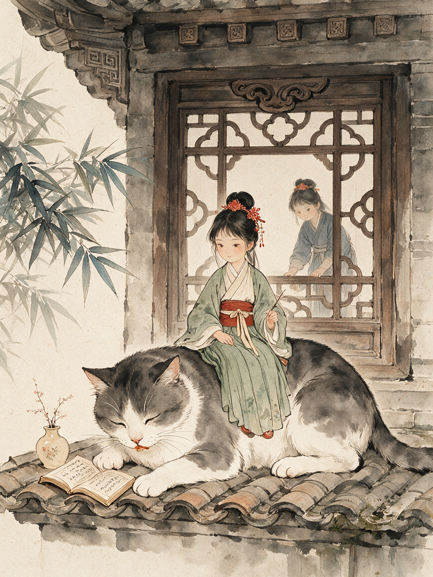 Watercolor illustration of a girl in hanfu sitting on a giant napping cat on a traditional Chinese tiled rooftop.