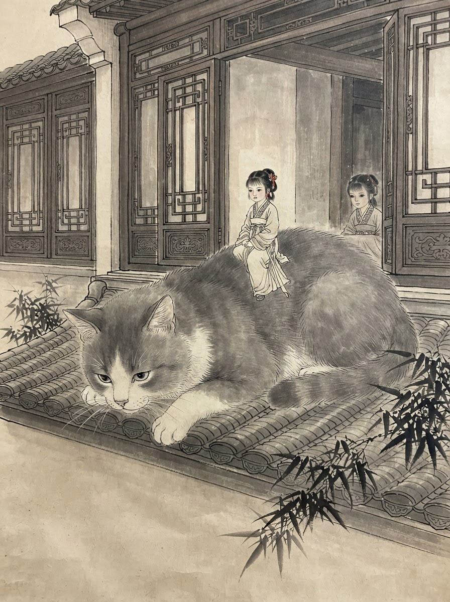 Traditional Chinese ink illustration of a giant fluffy cat resting on a rooftop, with tiny hanfu-clad figures at a histori...