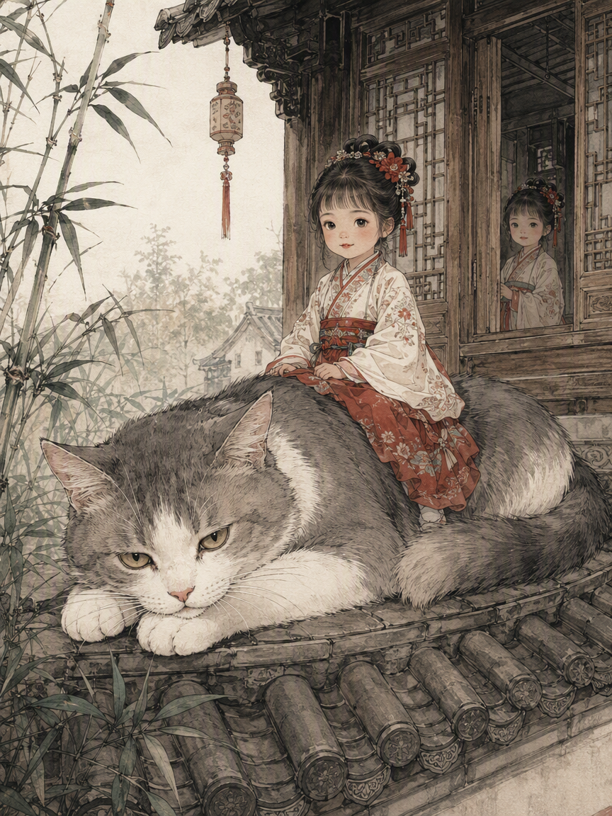 Traditional Chinese ink illustration of a girl in hanfu perched on a giant grey cat on a tiled rooftop, another girl watch...